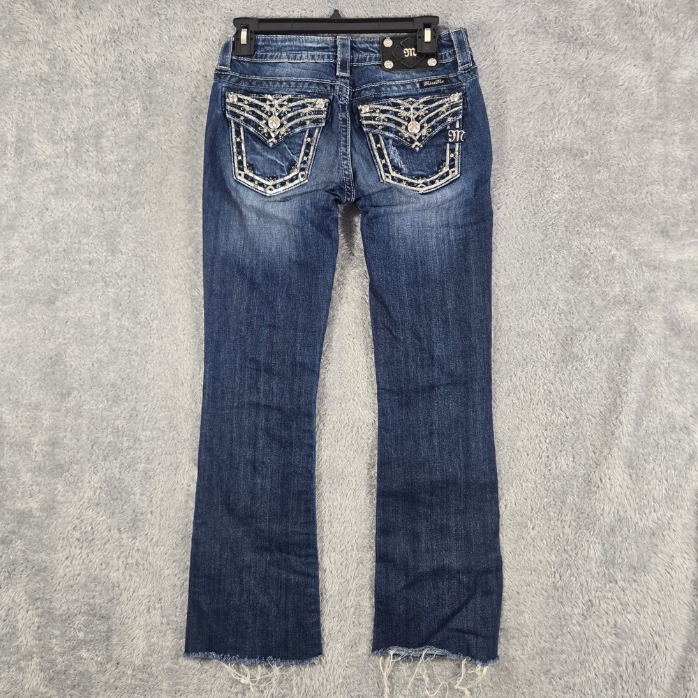 Miss Me Signature Rise‎ Bootcut Jeans Size 26 Dark Wash Embellished Raw